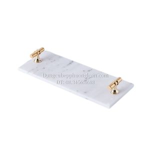 Đĩa đá cẩm thạch vân trắng tay cầm màu vàng 30x12cm