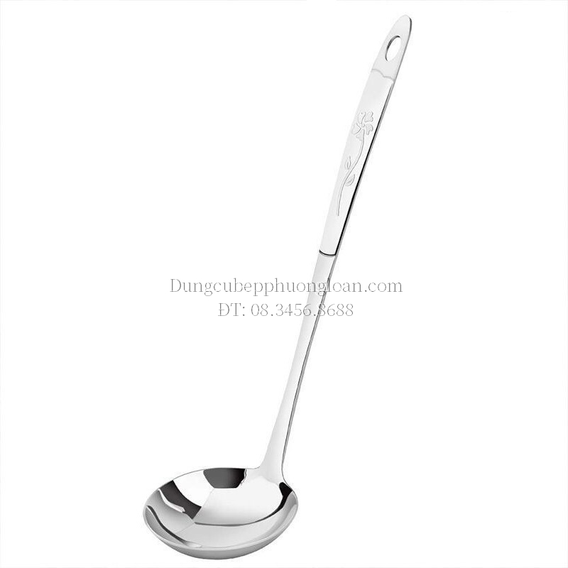 Muôi múc lẩu, vá inox ăn lẩu cán inox hoa văn bông hoa đặc 9cm