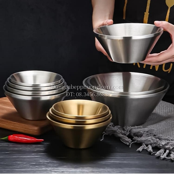 Bát đựng kem đá bào Bingsu Hàn Quốc inox 304, 2 lớp cách nhiệt 18cm màu vàng