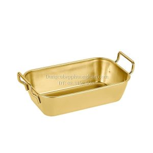 Khay inox đựng thức ăn hai quai 17x10cm màu vàng