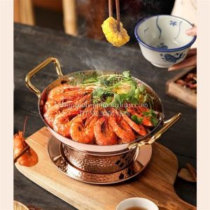 Bộ bếp hâm đốt cồn chảo inox 2 quai chấm búa 26cm vàng hồng GRENEN DRY POT 006-26S