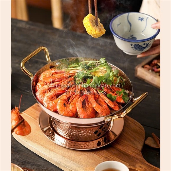Bộ bếp hâm đốt cồn chảo inox 2 quai chấm búa 26cm vàng hồng GRENEN DRY POT 006-26S