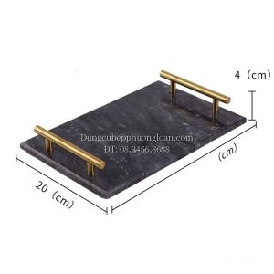 Đĩa đá cẩm thạch vân đen tay cầm màu vàng 30x20cm