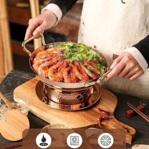 Bộ bếp hâm đốt cồn chảo inox 2 quai chấm búa 26cm vàng hồng GRENEN DRY POT 006-26S