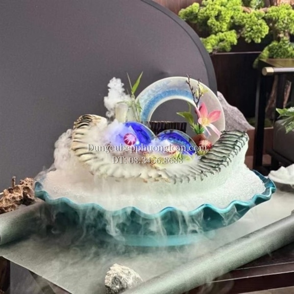 Khay đựng Sashimi nhựa tròn chấm đá màu xanh 45cm