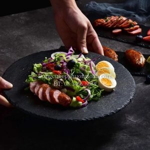 Đĩa đá đen chữ nhật cách điệu 38x20cm