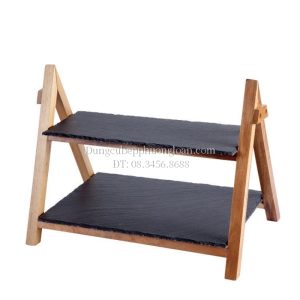 Giá để bánh chữ nhật bằng đĩa đá đen khung gỗ 2 tầng