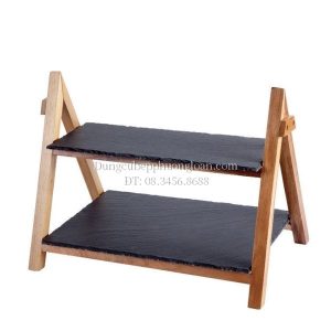 Giá để bánh chữ nhật bằng đĩa đá đen khung gỗ 2 tầng