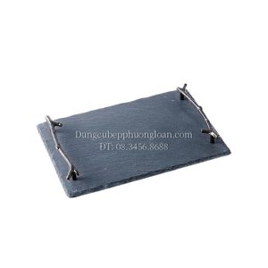Đĩa đá đen chữ nhật có tay cầm cách điệu màu đồng 30x20cm