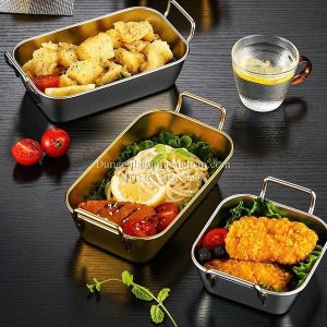 Khay inox đựng thức ăn hai quai 17x10cm màu vàng