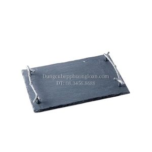 Đĩa đá đen chữ nhật có tay cầm cách điệu màu trắng 30x20cm