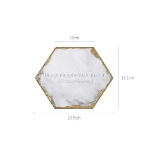 Đĩa đá cẩm thạch vân trắng viền vàng hình lục giác 19.5x17cm