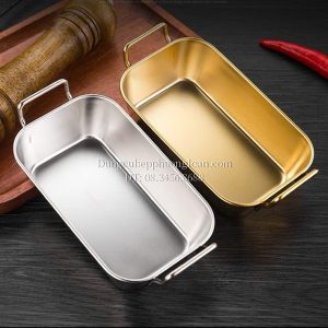 Khay inox đựng thức ăn hai quai 10.5x11.5cm màu vàng