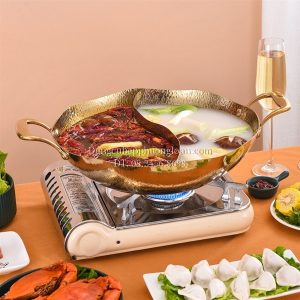 Nồi lẩu inox 2 ngăn sóng lượn chấm búa màu vàng 33cm
