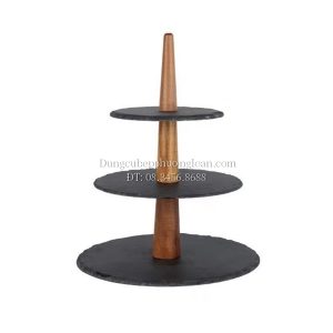 Giá để bánh tròn 3 tầng bằng đĩa đá đen cột gỗ 25x20x15cm