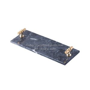 Đĩa đá cẩm thạch vân đen tay cầm màu vàng 30x12cm
