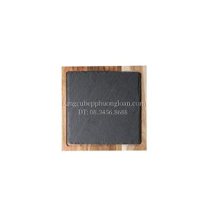 Khay đá đen trưng bày thức ăn kèm đế gỗ hình vuông 22x22cm