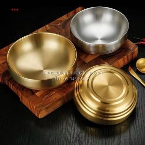 Bát mì lạnh kiểu Hàn Quốc inox 304, 2 lớp cách nhiệt 21cm màu vàng