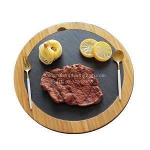 Khay đá đen trưng bày thức ăn kèm đế gỗ tròn 27cm