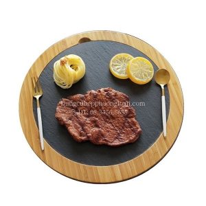 Khay đá đen trưng bày thức ăn kèm đế gỗ tròn 27cm
