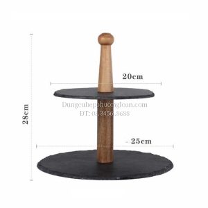 Giá để bánh tròn 2 tầng bằng đĩa đá đen cột gỗ 25x20cm