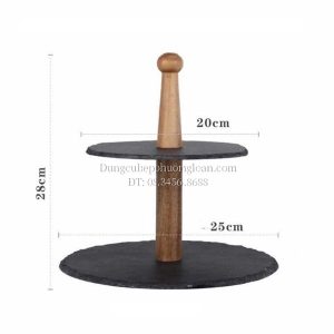 Giá để bánh tròn 2 tầng bằng đĩa đá đen cột gỗ 25x20cm