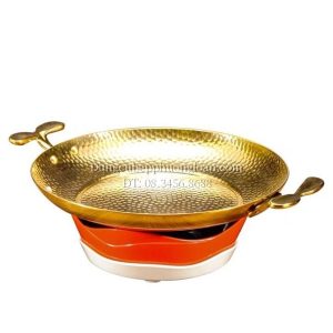 Bộ bếp hâm đốt cồn chảo inox vân tổ ong màu vàng 26cm