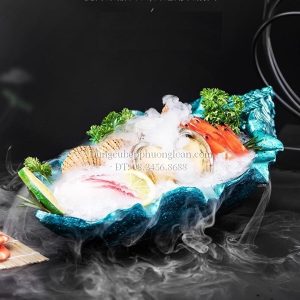Khay đựng Sashimi nhựa hình ốc xà cừ màu xanh 72*40*22cm