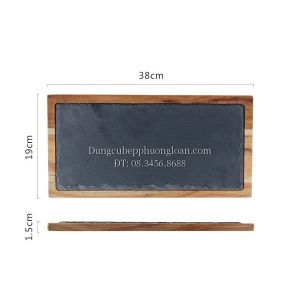 Khay đá đen trưng bày thức ăn kèm đế gỗ chữ nhật 38x19cm