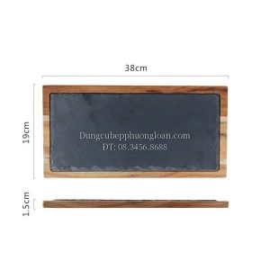 Khay đá đen trưng bày thức ăn kèm đế gỗ chữ nhật 38x19cm