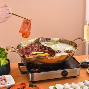 Nồi lẩu inox 2 ngăn sóng lượn chấm búa màu vàng 33cm
